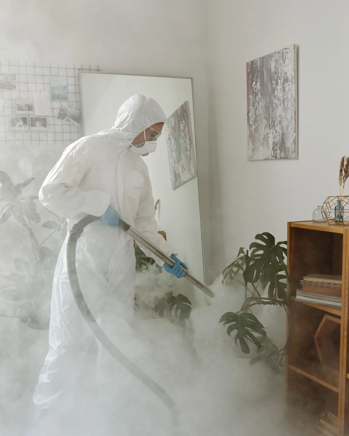 Intervenant en combinaison de protection et masque, en train de nettoyer une pièce d'habitation